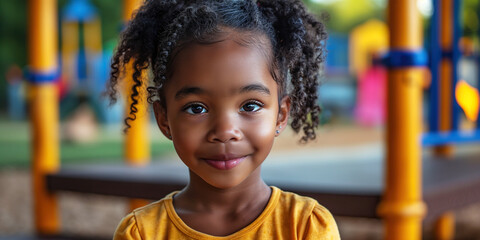 portrait of black child girl kid on a playground in summer