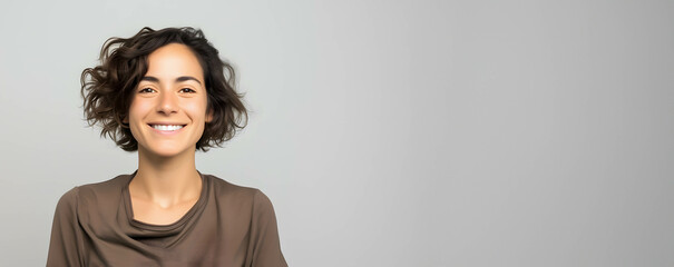 Portrait of a confident young woman with short curly hair, smiling warmly in a casual brown top, against a grey backdrop.
