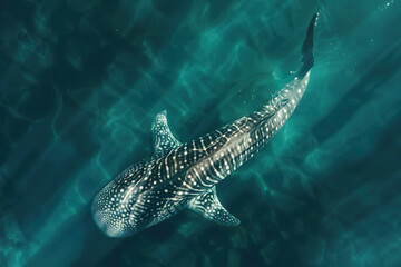 Fototapeta premium top down view of whale shark whaleshark) swimming in ocean close to the surface with the water reflecting the sunlight