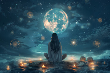 Woman sitting under a moonlit sky on a clear night, surrounded by a circle of candles and gemstones. Above her, a celestial array of stars forms into symbols of wealth and prosperity.