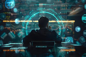 Man sitting at a sleek, modern desk, surrounded by virtual screens displaying financial markets and flowing currency symbols. His focus is intense, as digital representations of wealth orbit him. - obrazy, fototapety, plakaty