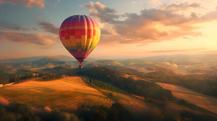 Fototapeta premium A colorful hot air balloon floating above rolling hills