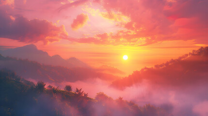 A colorful sunrise over a misty mountain range