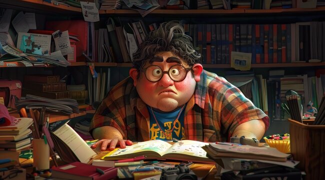 Personnage cartoon d'un homme obèse travaillant dans son bureau.