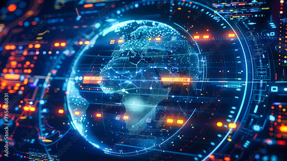 Poster futuristic earth with digital connections, highlighting global networking and communication technolo