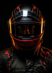 Pilote de course automobile ou moto portant un casque lumineux dans le style néon réalisme.