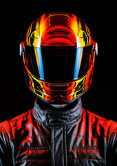 Pilote de course automobile ou moto portant un casque lumineux dans le style néon réalisme.