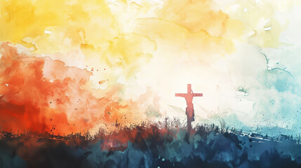 Easter crucifixion scene with silhouettes of the cross of Jesus Christ. Watercolor. Light colours. Generative AI