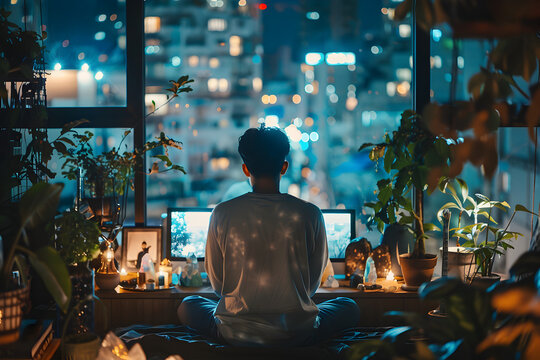 A man sitting in an urban loft at night, surrounded by plants and crystals, focusing on a vision board filled with images of wealth and success. Soft city lights twinkle in the background.