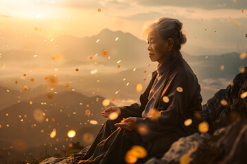 A senior woman sitting on a cliff overlooking a vast ocean at sunrise, meditating with open palms. Around him, a swirl of golden light and floating bills reflect the first rays of the sun. - obrazy, fototapety, plakaty