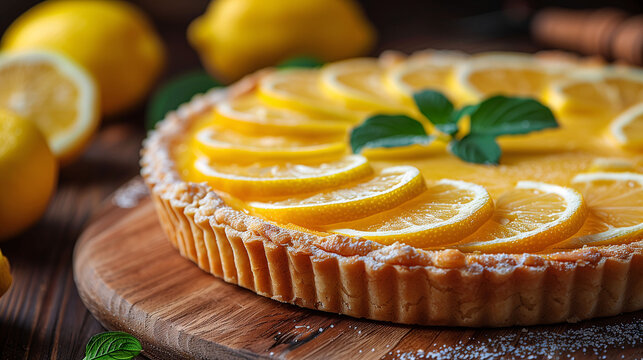 Fresh lemon tart garnished with lemon slices and mint on a wooden board with lemons in the background.