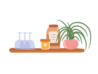 Kitchen shelf with jars and decor.