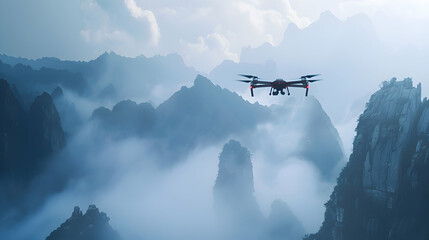 A high-tech drone hovering over misty mountains
