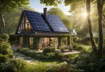 Exterior of ecologic cottage with big french windows and photovoltaics panels - obrazy, fototapety, plakaty