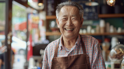 Joyful elderly man with a radiant smile, wearing an apron in a cozy café. - obrazy, fototapety, plakaty