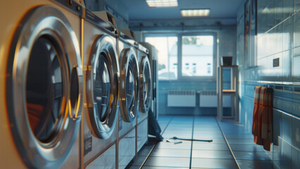 Empty laundromat with gleaming machines offers a quiet moment in daily life.