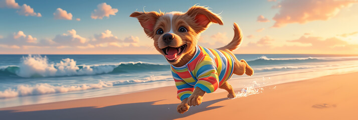 Joyful dog in a striped swimsuit running along the shoreline, sunset glow, dynamic angle, summer fun, vibrant Color - obrazy, fototapety, plakaty
