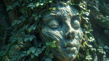 Ivy-engulfed statue in the heart of an enchanted forest, forgotten deity, nature's reclaim,  vibrant Color