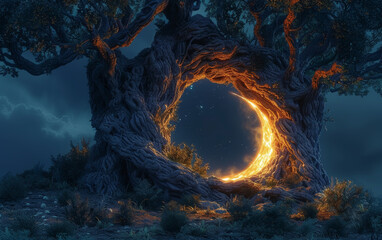 A crescent moon cradled in the crook of an ancient, gnarled tree, night whispers, ethereal glow,  hyper realistic