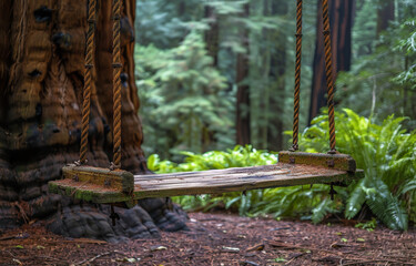 A dilapidated wooden swing hanging from a giant sequoia, memories of play, nature reclaiming,  soft shadowns