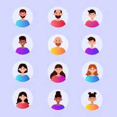 People avatars, male and female character faces for social media profile, user avatar in flat design