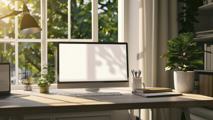 Tranquility resonates in a home office with sunlight casting gentle shadows.