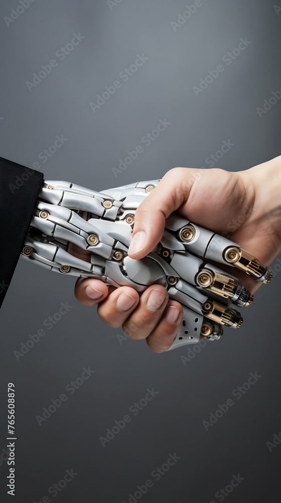 Poster human and robot handshake symbolizing ai collaboration. generative ai