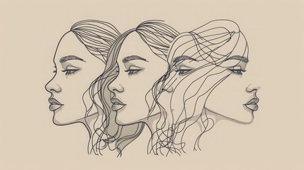 Continuous line, drawing of set faces and hairstyle, fashion concept, woman beauty minimalist, vector illustration for t-shirt, slogan design print graphics style