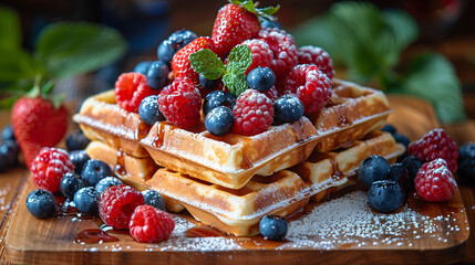 Fresh waffles with berries and mint on a wooden board, dusted with powdered sugar.