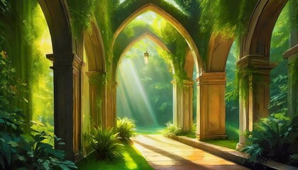 a lush green hallway with arched doorways, bathed in warm light filtering through the arches, illuminating the space with a soft and inviting glow, evoking a sense of serenity and enchantment, suitabl