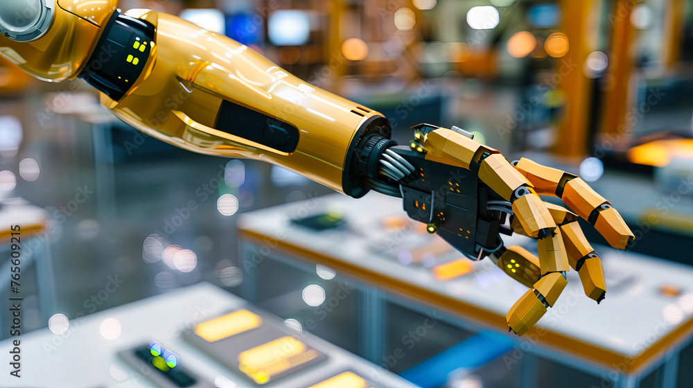 Poster futuristic robotics in technology and industrial automation: an engineer working with robotic arms i