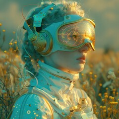 Astronaut with blurred face in a field of flowers - An astronaut in a surreal field of yellow flowers with a glitch edit and bokeh effect