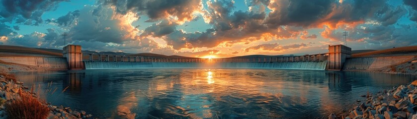 Breathtaking sunset over a large dam - A panoramic landscape showcasing a spectacular sunset over a water dam with dramatic clouds reflecting on the tranquil water - obrazy, fototapety, plakaty
