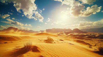 Desert landscape with sand dunes, sultry sun. Extreme adventure concept. Generative AI