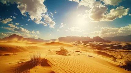 Foto op Plexiglas Desert landscape with sand dunes, sultry sun. Extreme adventure concept. Generative AI © AngrySun