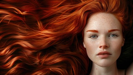 Gazing redhead with hair flowing around - Close-up portrait of a captivating redhead, her hair flows around her, evoking serene beauty and presence