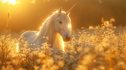 Glowing unicorn in golden hour light - An artfully created image of a serene white unicorn basking in the warm golden sunlight among soft white wildflowers