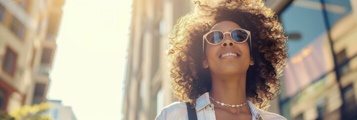 Joyful woman enjoying the sun in urban setting - An upbeat African-American woman smiling with sunglasses, basking in the urban sunlight - obrazy, fototapety, plakaty