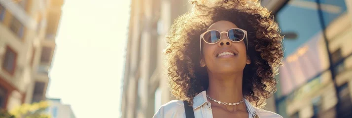 Foto op Plexiglas Joyful woman enjoying the sun in urban setting - An upbeat African-American woman smiling with sunglasses, basking in the urban sunlight © Mickey