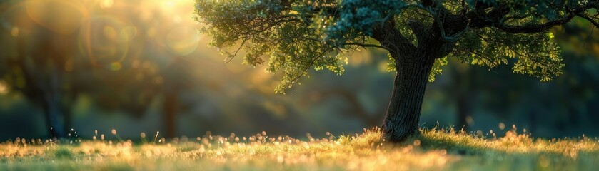 Lone tree glowing with sunlight in a meadow - This stunning image features a solitary tree illuminated by the golden light of setting sun in a peaceful meadow landscape - obrazy, fototapety, plakaty