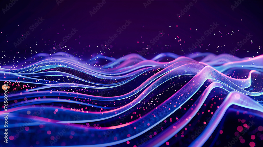 Poster futuristic science wave, abstract digital background with glowing particles and geometric shapes