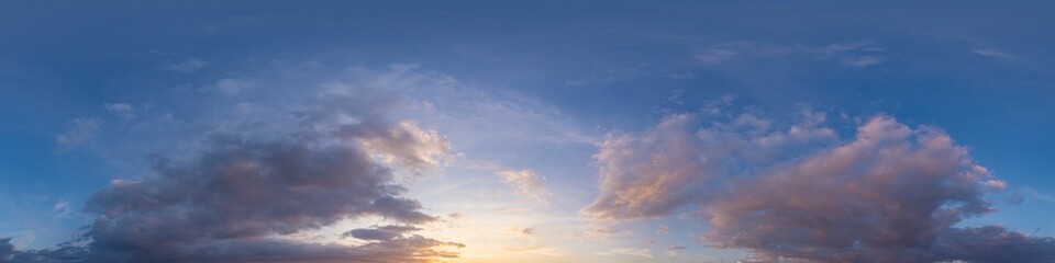 Dramatic sunset sky panorama with bright glowing red pink Cumulus clouds. HDR 360 seamless spherical panorama. Sky dome in 3D, sky replacement for aerial drone panoramas. Climate and weather change.