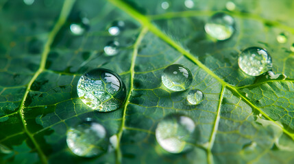 A macro shot of water droplets on a leaf