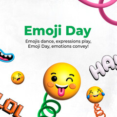 Illustration of various emojis on a white background. Text reads "Emoji Day."