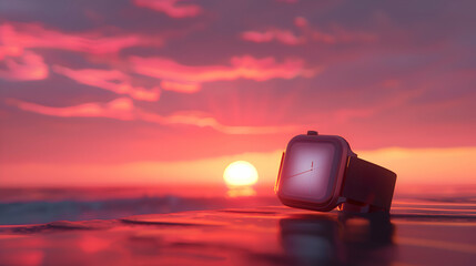 A minimalist smartwatch against a vibrant sunset
