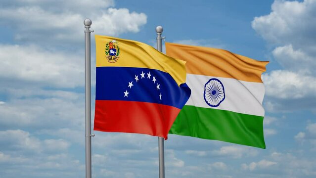 India and Venezuela two flags waving together, looped video, two country relations concept