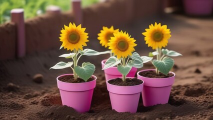 Sunflowers in pink pots on the ground outdoors - 765610692