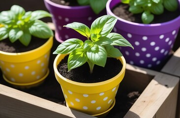 Basil seedlings in colorful pots outdoors - 765610883