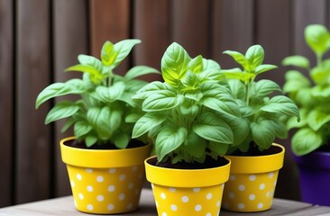 Fresh basil in yellow pots on wooden background - 765611012