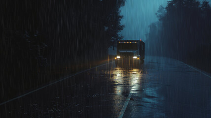 Rainy night journey with bus headlights reflecting on wet road.